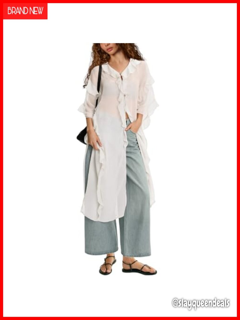 Sheer Chiffon Kimono Ruffle Long Sleeve Tie Front High Low Hem Cover Up